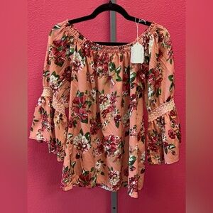 Peach Floral Off-Shoulder Bell Sleeve Top